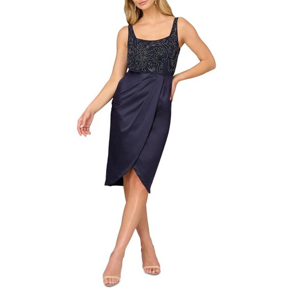 Aidan Mattox By Adrianna Papell Navy Beaded Sleeveless Cocktail Dress Size 12 - Picture 1 of 7